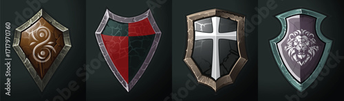 Medieval Shield Set for Game Interface. Shield, Crusader, Elf, Vikings, Romans. Fantasy Knight Equipment for Adventure RPG Interface Design.