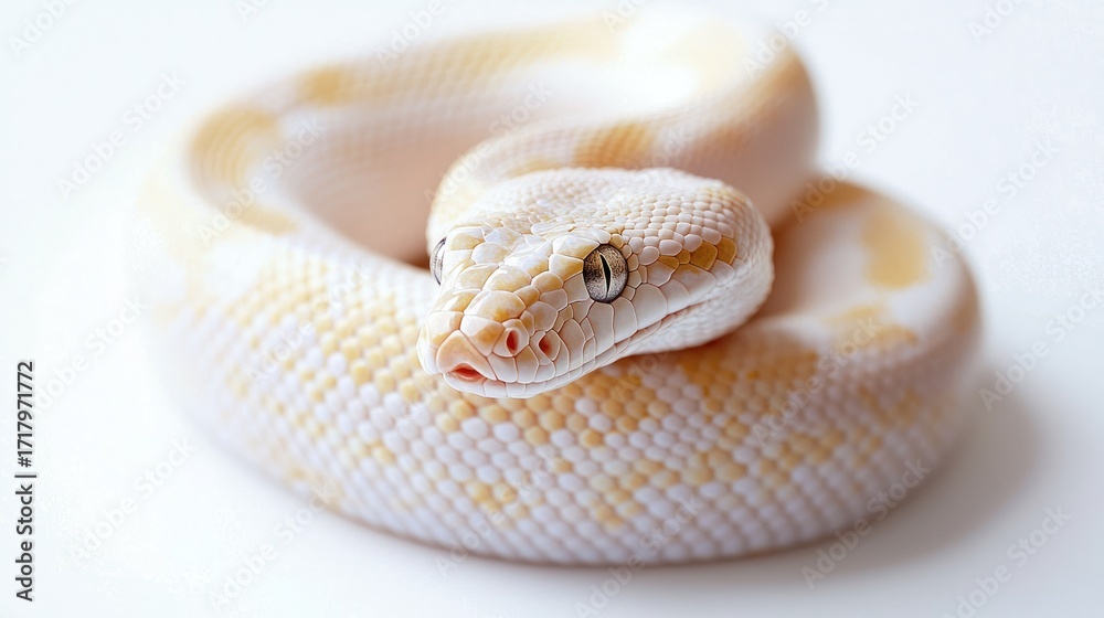 Fototapeta premium A white and cream-colored ball python snake is coiled on a white surface. The snake has a pale, almost translucent head with dark, round eyes.