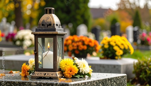 Cemetery lantern with flowers