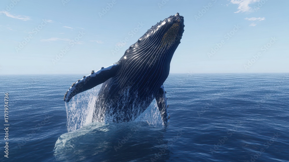 Obraz premium A highly realistic depiction of a humpback whale breaching in the ocean, capturing the awe-inspiring moment as the massive whale breaks through the water's surface.