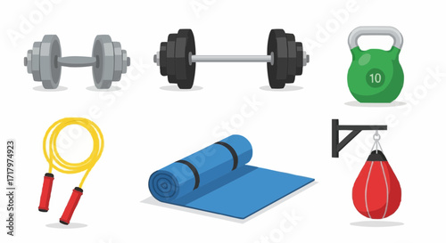 Fitness equipment set illustration dumbbells kettlebell skipping rope yoga mat punching bag
