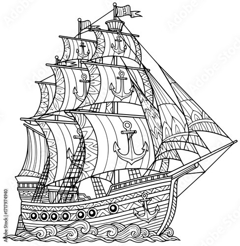 Intricate sailing ship line art for creative coloring book pages, nautical adventure awaits