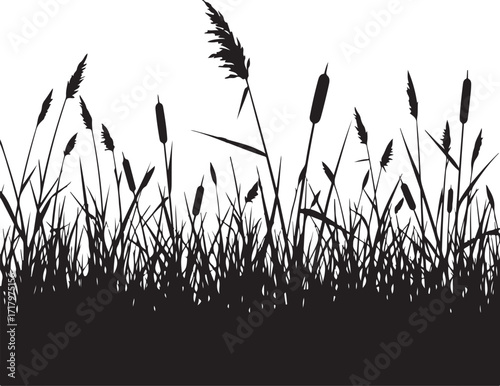 Vector art of a serene silhouette of reeds and grass swaying gently, creating a peaceful and natural scene, the intricate details capture the beauty of the landscape on