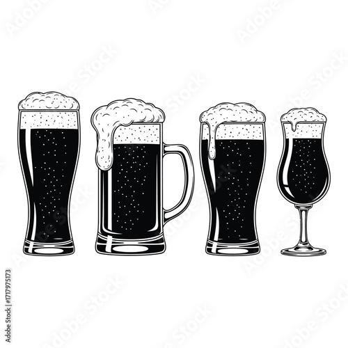 Four distinct beers in glasses featuring frothy tops and dark liquid content silhouette