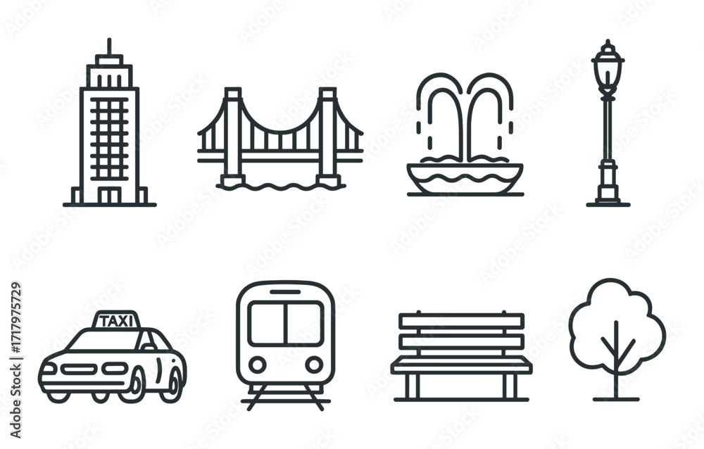 Obraz premium Urban icon set featuring buildings bridges and transportation elements