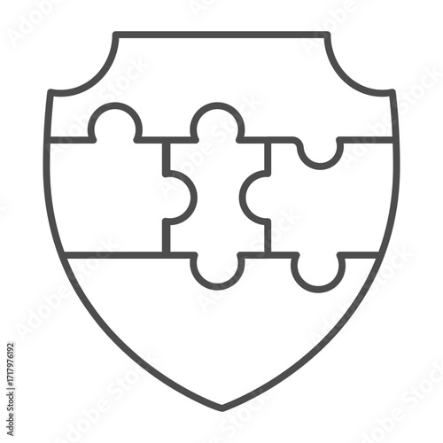 Defense shield and puzzle of logic game thin line icon, crypto metaverse concept. Vector graphics. Token share, chain safety sign on white background, outline style icon for mobile or web design.
