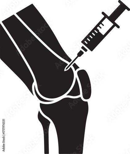 Vector art of knee injection medical procedure to treat joint pain, arthritis, osteoarthritis, and other knee conditions, providing relief and improving mobility with hyaluronic acid on