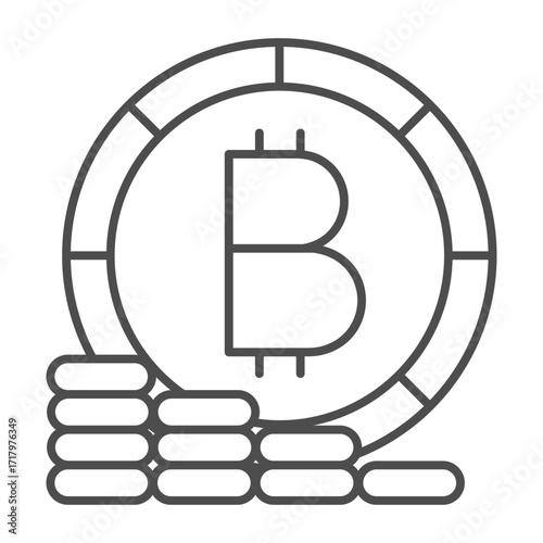 Bitcoin with coins stack thin line icon, crypto finance concept. Vector graphics. Crypto coin stacking, investment sign on white background, outline style icon for mobile or web desig