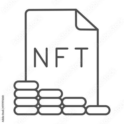 File of NFT with coins stack thin line icon, crypto metaverse concept. Vector graphics. Non fungible token stacking, document sign on white background, outline style icon of mobile or web design.