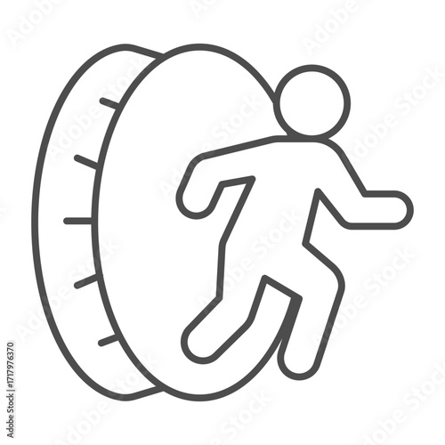 Traveler man and portal thin line icon, metaverse concept. Vector graphics. Man with another reality, man and coin sign on white background, outline style icon for mobile or web design.