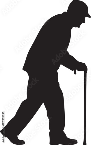Vector art of silhouette of elderly man walking with cane symbolizes aging, senior care, disability, support, and the challenges faced by older adults with mobility issues on