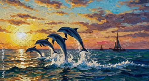 Textured digital painting of dolphins in an acrobatic display at sunset, with a sailboat in the distance