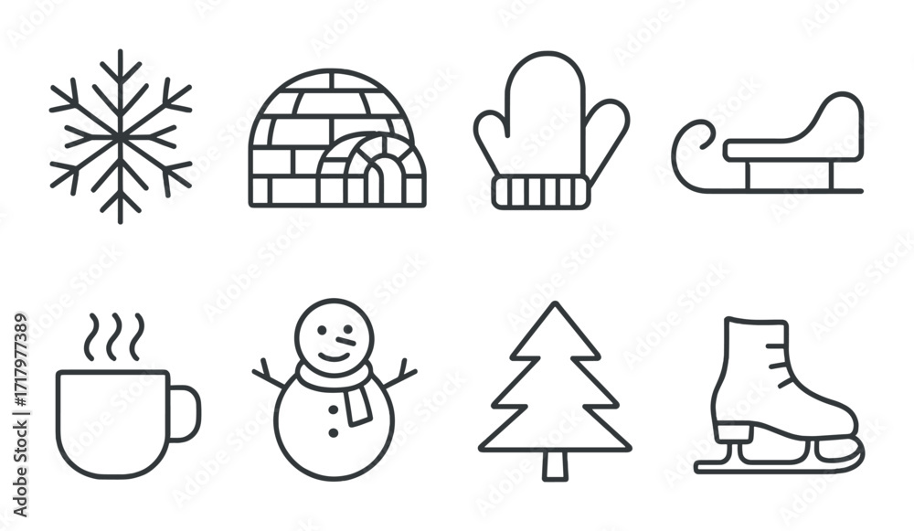 Fototapeta premium Winter icons: snowflake, igloo, mittens, sleigh, hot drink, snowman, tree, skates