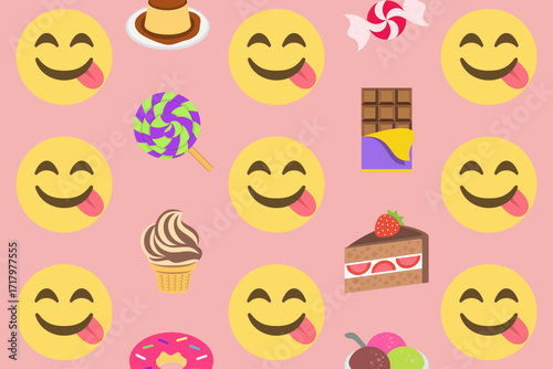Vector seamless pattern with delicious face emoji licking lips and assorted sweet foods including candy, chocolate bar, ice cream cone, cake slice, donut, pudding and lollipop, concept of fun, joy and