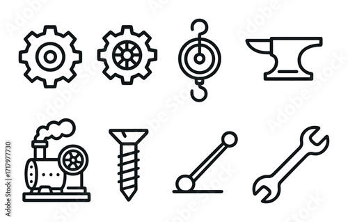 Industrial tool icons: gear, pulley, anvil, steam engine, screw, lever, wrench