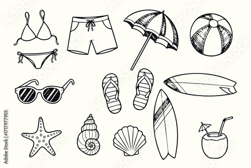 hand-drawn, black and white sketch, simple line art, minimalist vector icons, swimwear, sunglasses, beach items, summer accessories, sunhat, flip flops, beach ball, starfish, shell