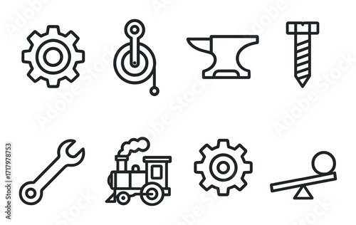 Industrial icon set: gear, pulley, anvil, screw, wrench, train, cogwheel, lever