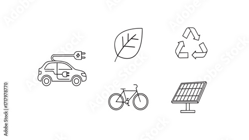 Vector art of ecofriendly transportation and energy icons including electric car, leaf, bicycle, and solar panel