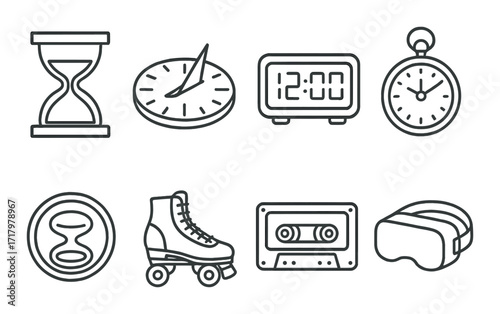Retro icons: hourglass, clock, roller skate, cassette, vr headset on gray background