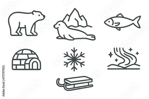 Arctic icons: bear, mountain, seal, fish, igloo, snowflake, sled, aurora