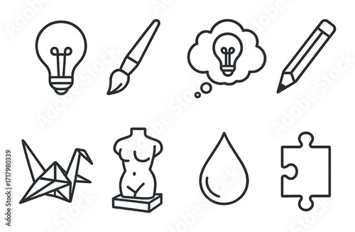 Creative design icons: lightbulb, paintbrush, thought bubble, pencil, paper crane, sculpture, water drop, puzzle