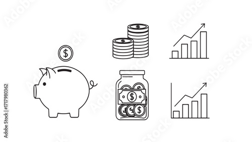 Vector art of piggy bank, coins, and growing charts