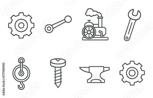 Industrial tools and machinery icons: gear, wrench, steam engine, anvil, pulley, screw