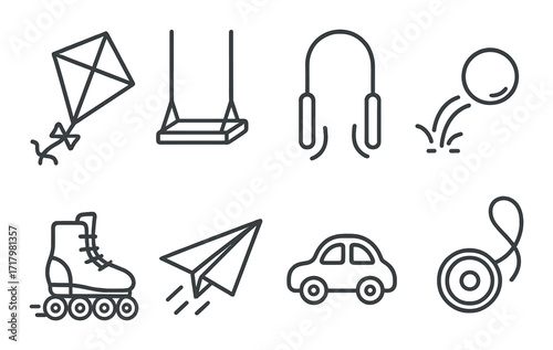 Minimalist outline icons of toys and games for children