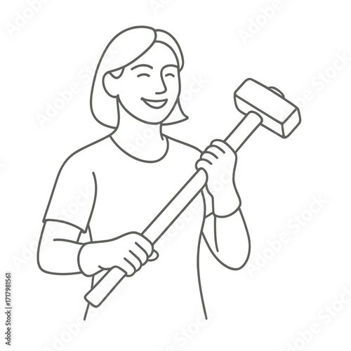 Woman smiling while holding a sledgehammer in a line art style  