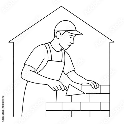 Mason working on brick wall construction inside a house  