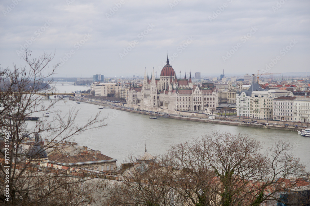 Fototapeta premium Budapest, Hungary, March 3, 2019: Hungarian Parliament Building Viewed from Buda Castle