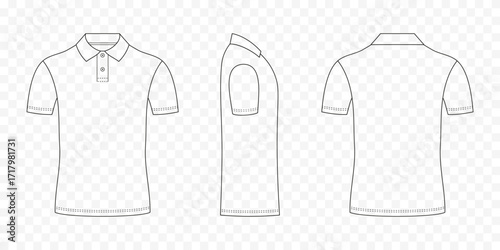 Universal polo shirt front and side back view. This stylish unisex printed pattern features an elegant collar and short button placket at chest for both sporty and casual wear