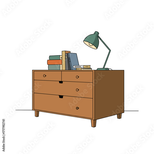 Wooden dresser with books and lamp in minimalist style  