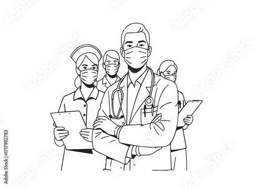 Vector art of group of medical professionals wearing masks and stethoscopes