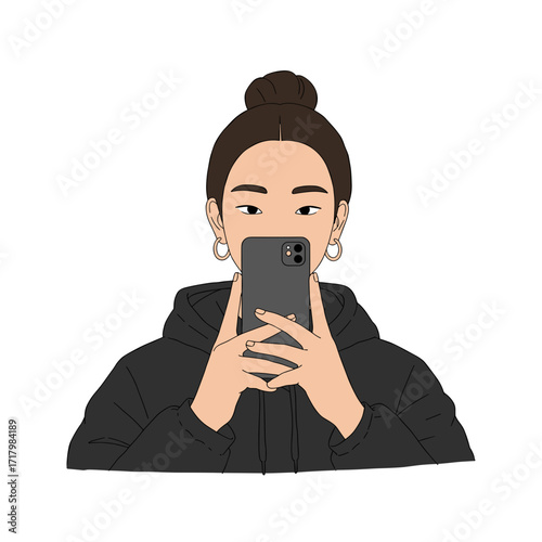 Young woman taking selfie with smartphone in casual outfit  