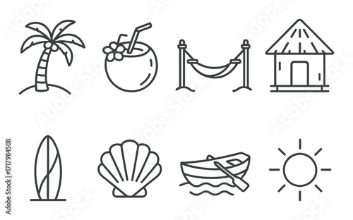 Minimalist beach icons collection: palm, coconut, hut, surfboard, shell, boat, sun