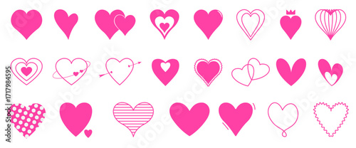 Pink heart doodle heart set. Hand drawn heart element in various shapes. Love collection for romance isolated on white background. Vector
