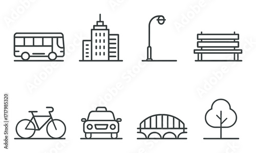 Simple urban icons set featuring transportation and city elements