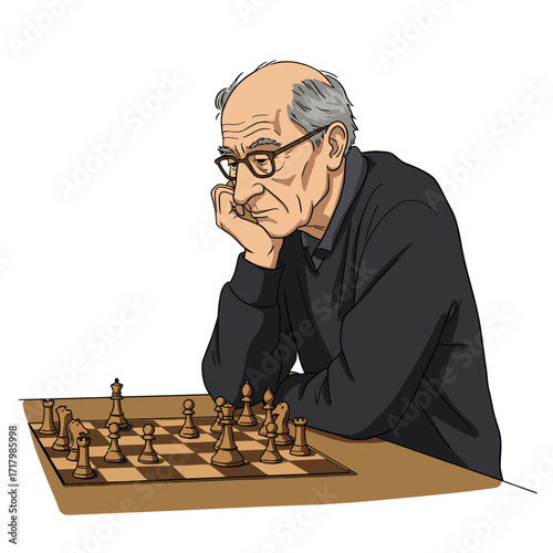 Elderly man thinking while playing chess at wooden table  