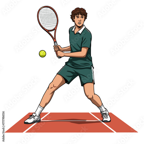 Young man playing tennis with racket on court ready to hit ball  