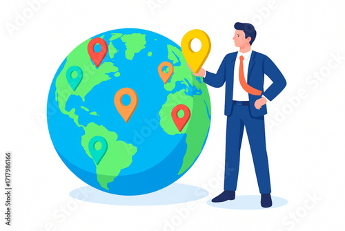 Confident businessman plans global expansion marking destinations on world map with pins