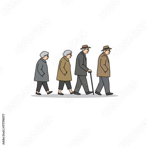 Elderly people walking in a line wearing coats and hats  