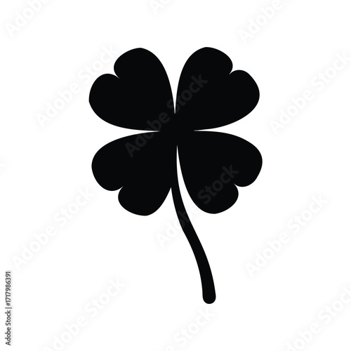 Four leaf clover black silhouette symbol of luck-Black silhouette of a four-leaf clover, symbolizing good luck, fortune, nature, Irish tradition, spirituality, and decorative botanical design.
