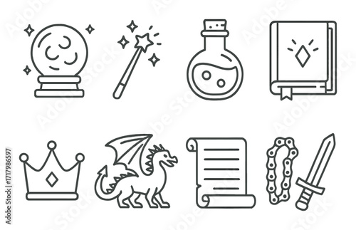Fantasy icons: crystal ball, magic wand, potion, spell book, crown, dragon, scroll, sword, chain