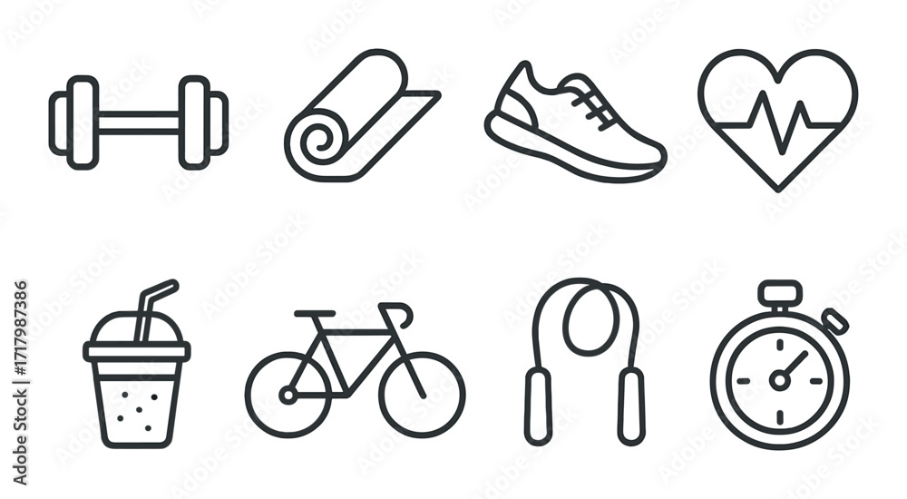 Fototapeta premium Fitness icons: dumbbell, yoga mat, running shoe, heartbeat, smoothie, bicycle, jump rope, stopwatch