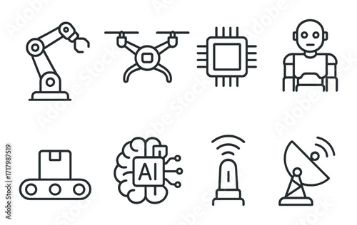 Futuristic technology icons featuring robotics, ai, and communication