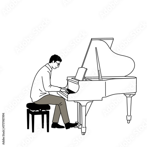 Man playing piano while sitting on stool in minimalist style  
