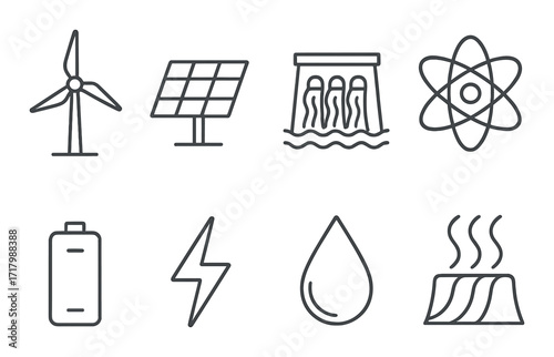 Renewable energy icons: wind, solar, hydro, nuclear, battery, lightning, water, geothermal