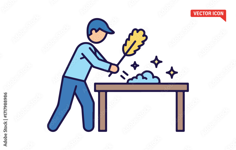 Fototapeta premium Person dusting a table with a duster creating sparkles cleanliness symbol flat design