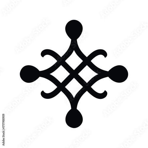 Abstract geometric cross shape black symbol-Black abstract geometric symbol with curved lines and circular ends, resembling a decorative cross or ornamental cultural design.
